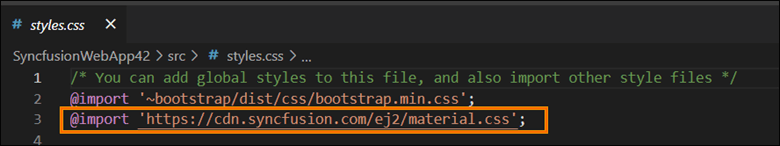 Add the Syncfusion Angular theme entry in the style.css file