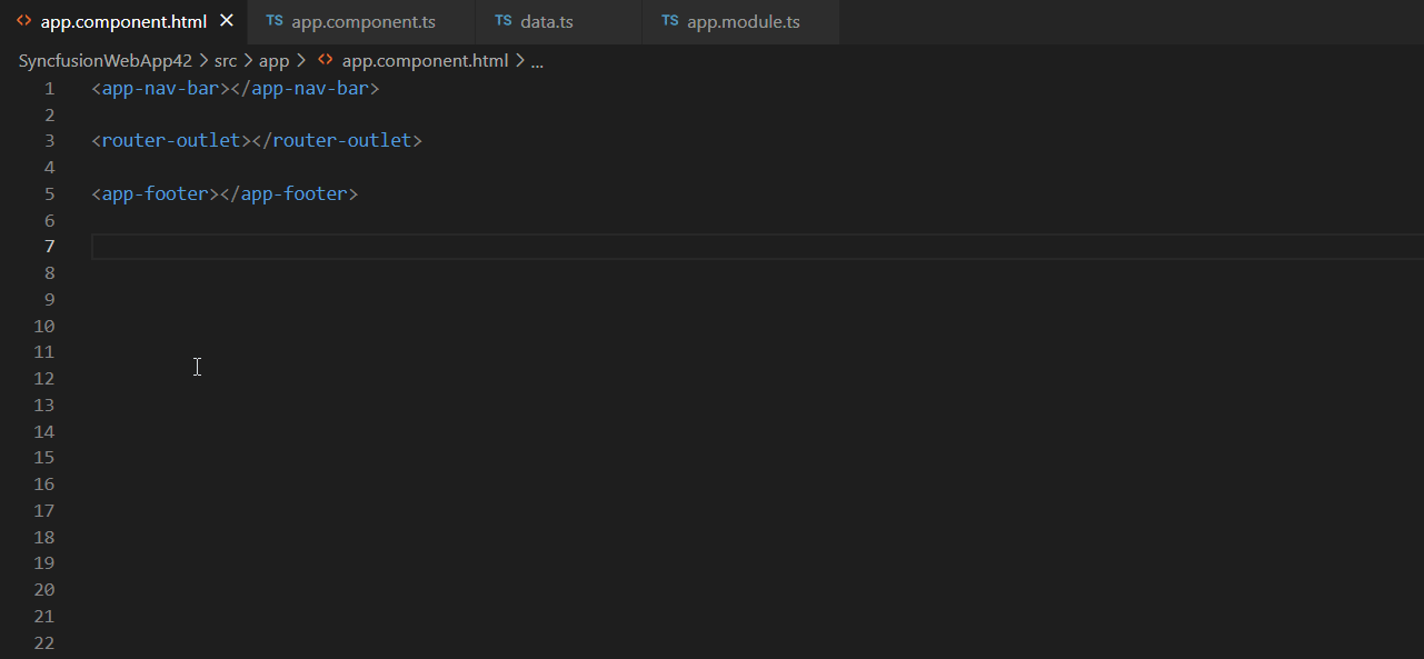 Adding Syncfusion Angular components using the code snippet utility