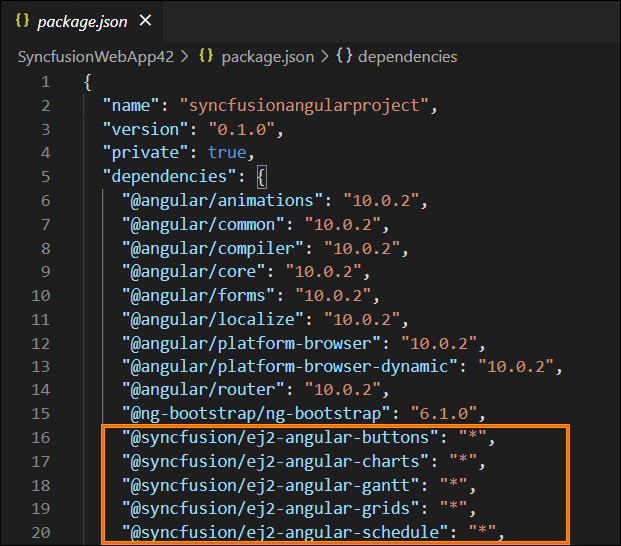 Syncfusion Angular components added in the pacakge.json file