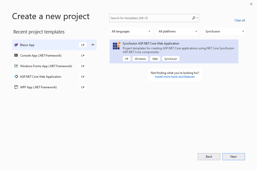 Create a new project dialog