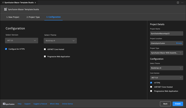 In the Configuration tab, choose the .NET Core version and themes, and then click Create