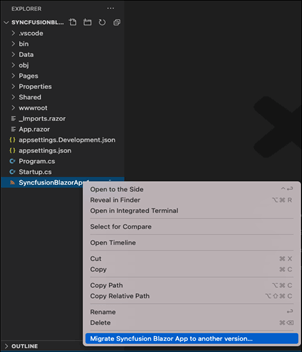 Select the Migrate Syncfusion Blazor App to another version… option