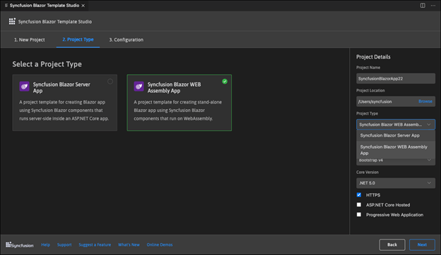 Select the required Blazor application type