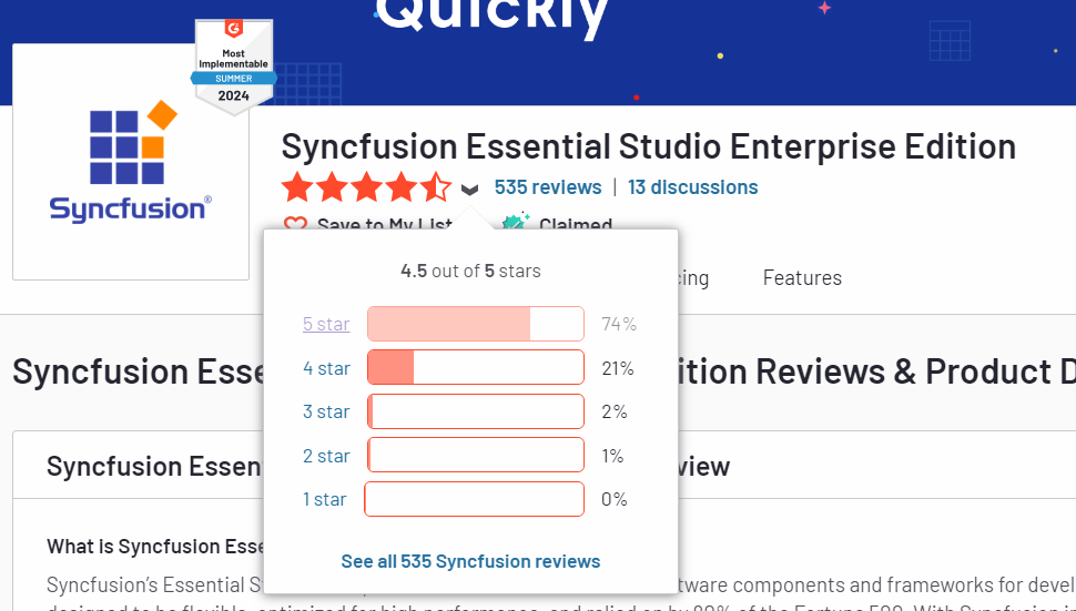 Syncfusion Essential Studio® Enterprise Edition with a 5-star rating