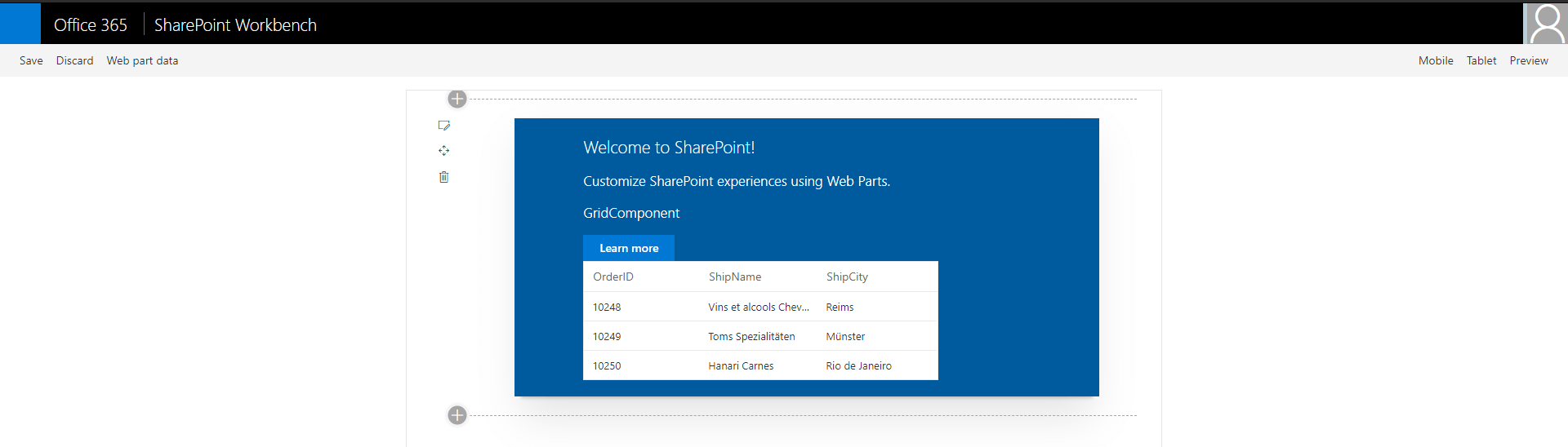 Output showing Syncfusion JavaScript Grid control rendered in SharePoint Framework client-side web part