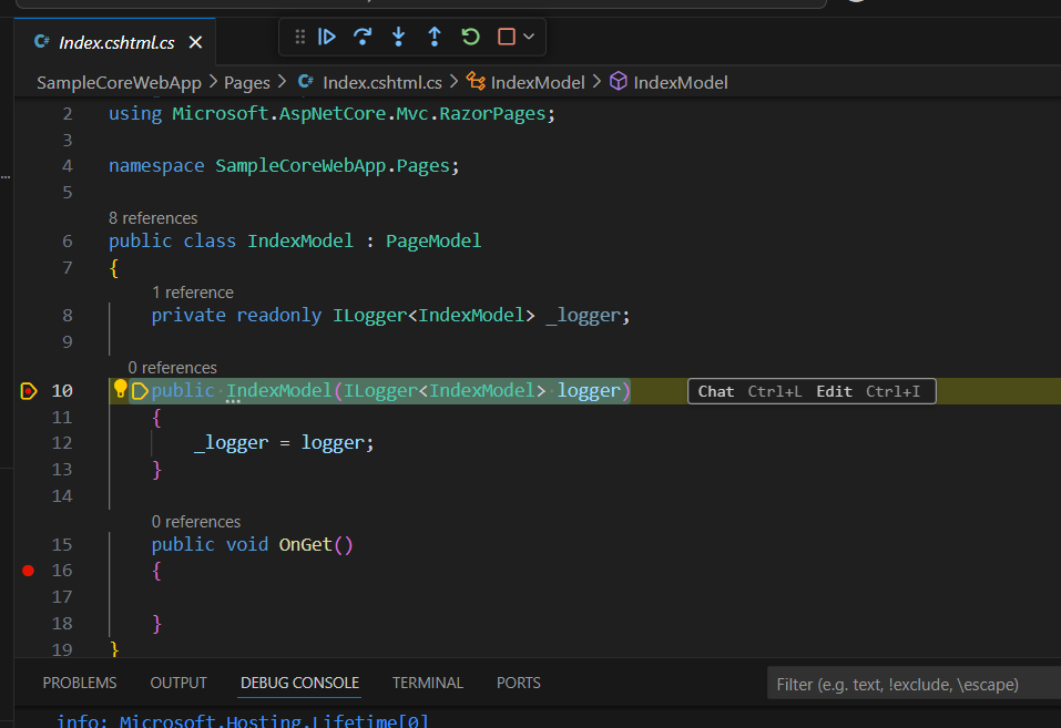 Setting breakpoints and debugging the source