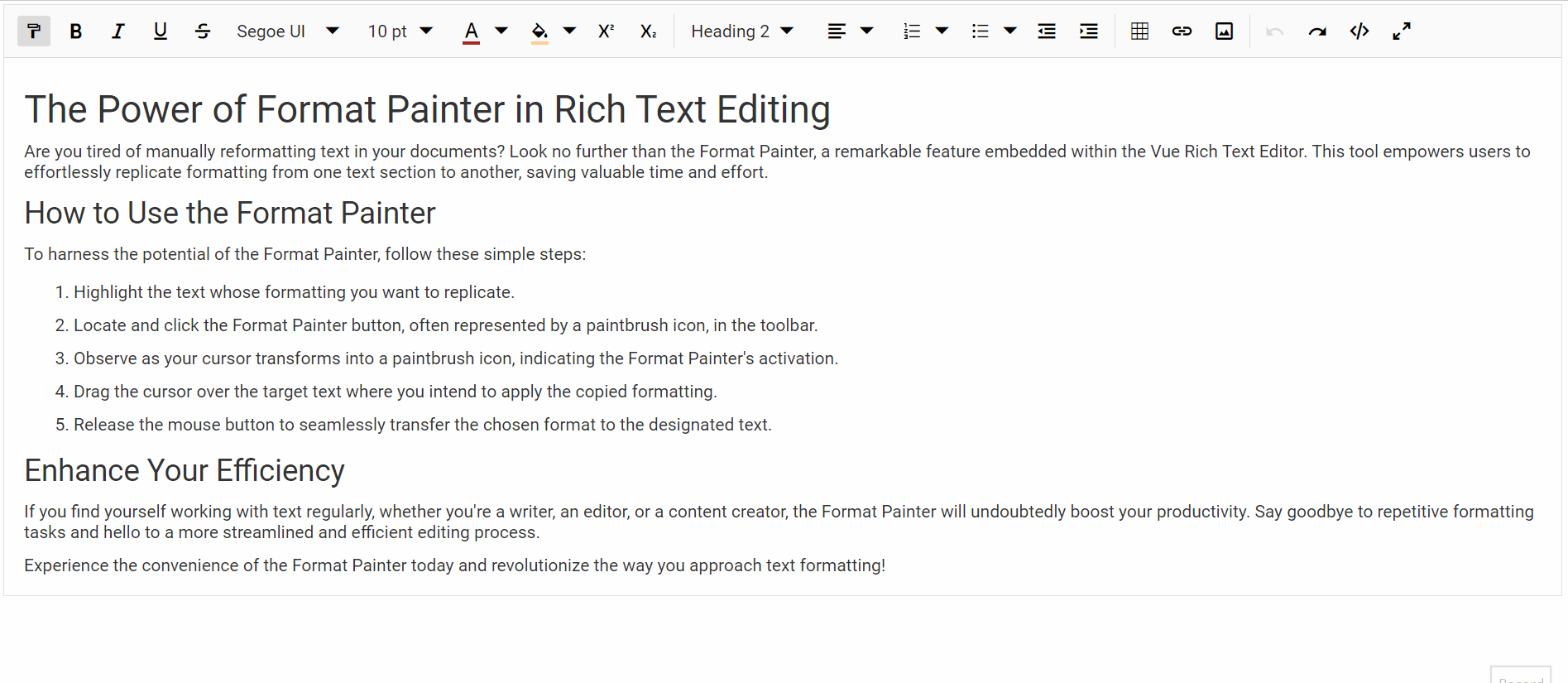 Using the Format Painter in the Vue Rich Text Editor