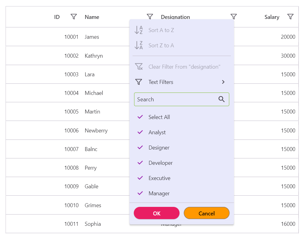 Checkbox filter menu customization in Flutter DataGrid