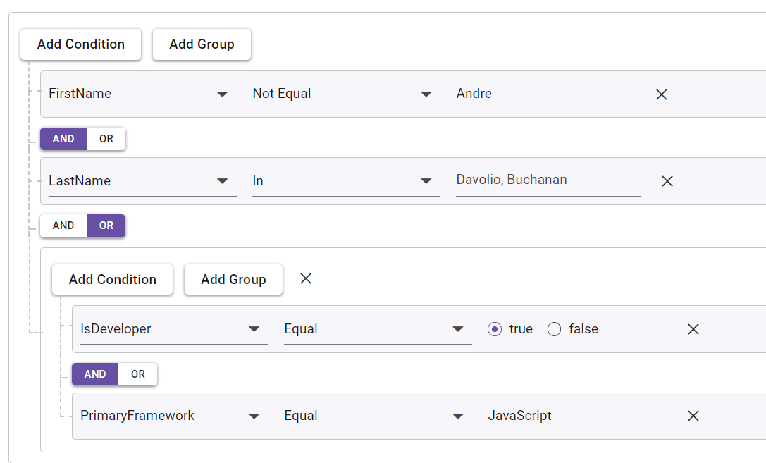 Separate connectors feature in Blazor Query Builder