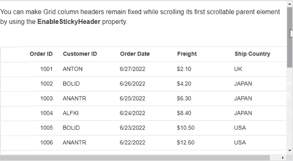 Sticky Header in Blazor DataGrid
