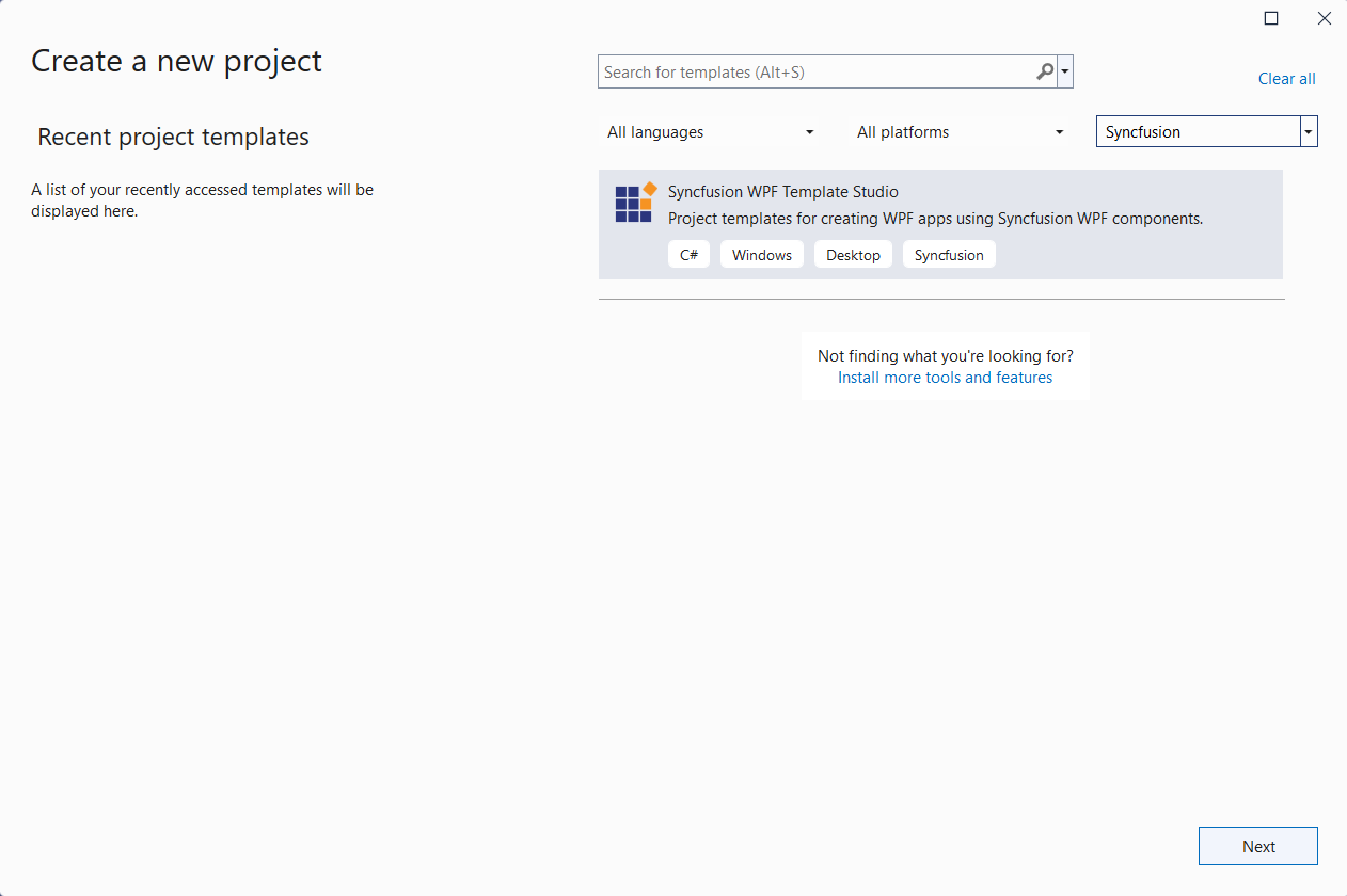 Select Syncfusion WPF Template Studio option