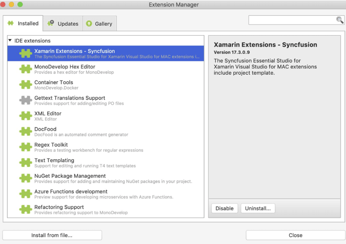 Extension Manager in Visual Studio for Mac