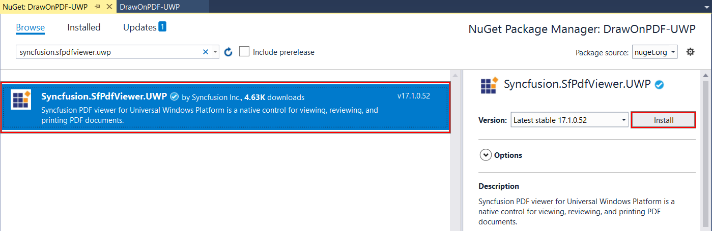 Install Syncfusion.SfPdfViewer.UWP NuGet Package