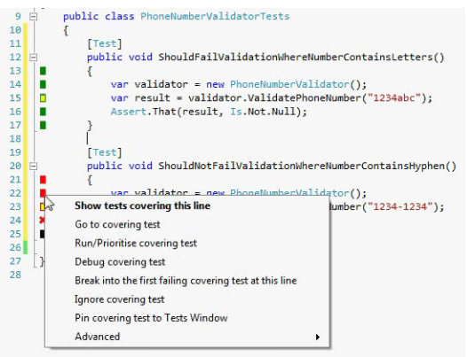Options in NCrunch for running automated tests on a particular line - Visual Studio Extension