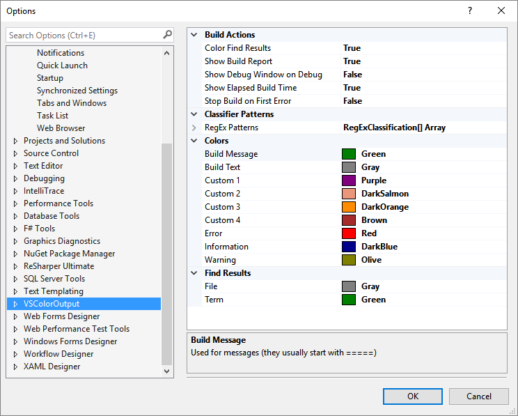 Options in VSColorOutput