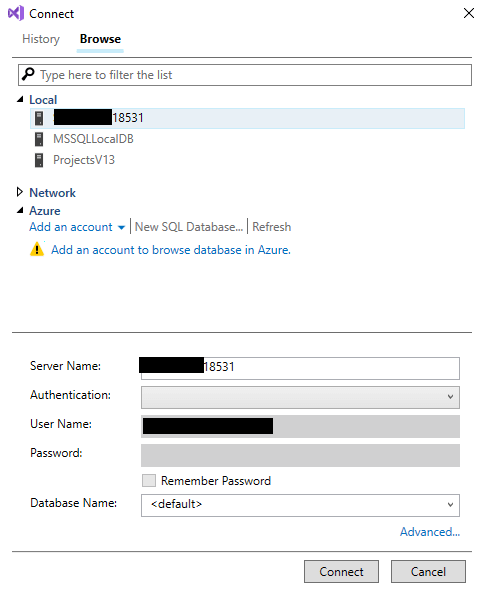 Establishing connection to the database server