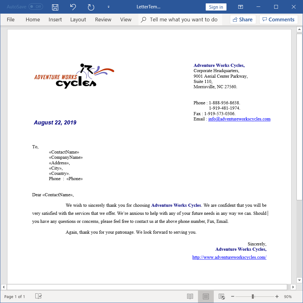 Template Word document to generate personalized letters