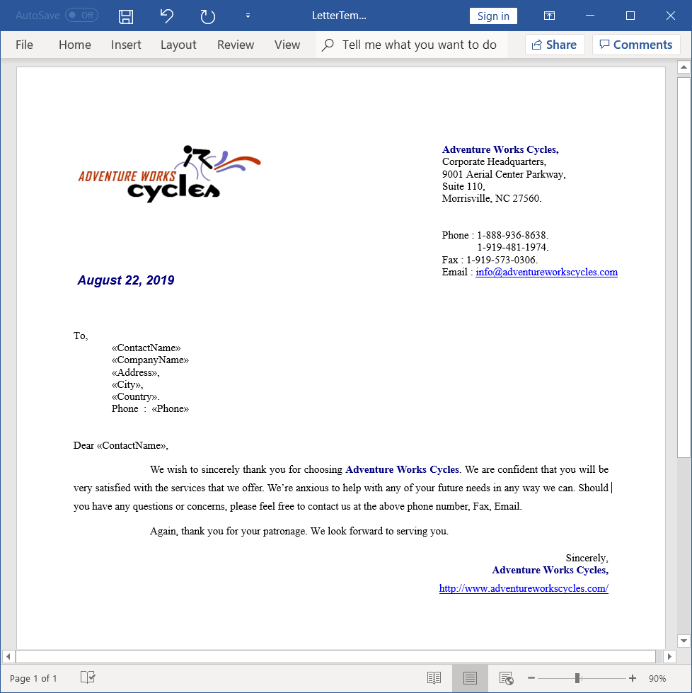 Template Word document to generate personalized letter