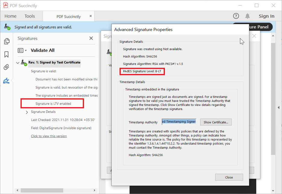 Creating long-term validation in a PDF using an external signature