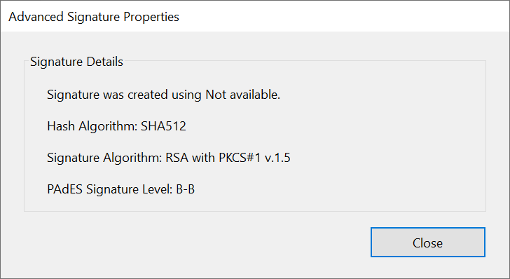 Digital signature properties in a PDF document