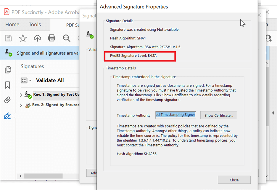 Digitally signing a PDF document with long-term archive timestamps (LTA)