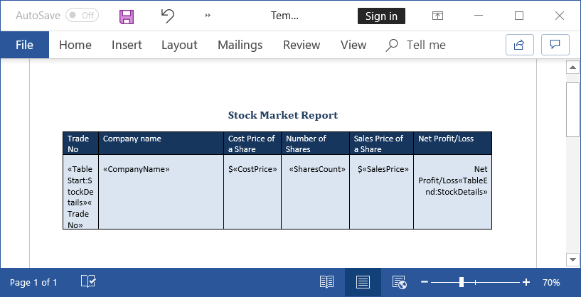 Template Word document to generate stock market profit and loss statement