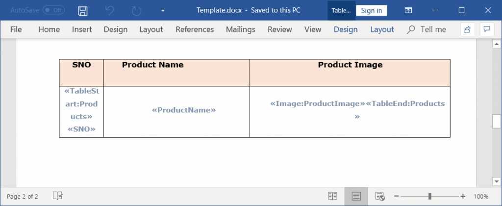 Template Word document to create product catalog