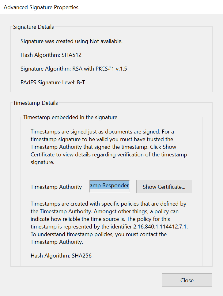 Time stamp details in the PDF digital signature