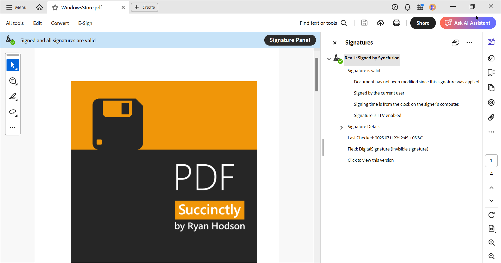 External digital signature in a PDF document