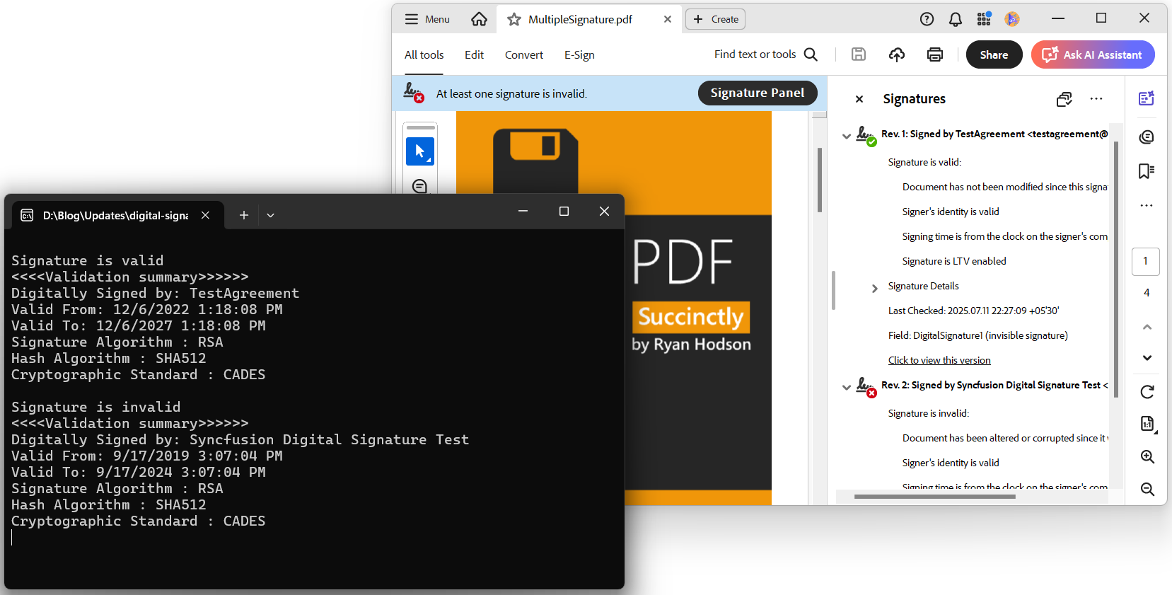 Validation result of multiple signatures in a PDF document