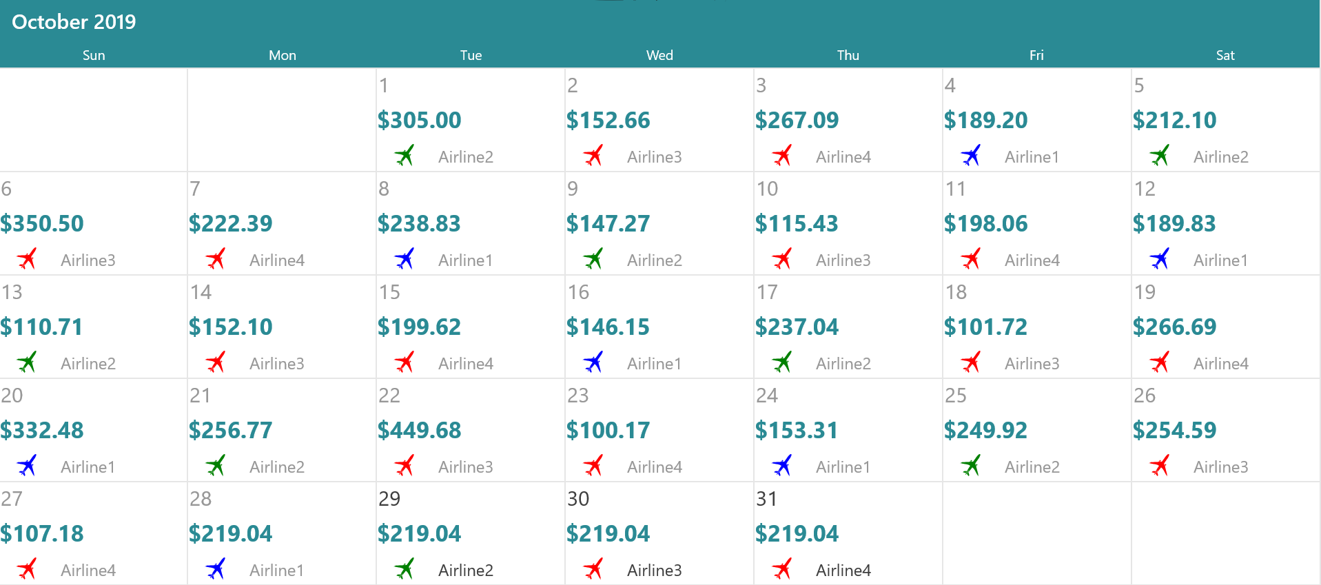 Airfare calendar shows the fares among the listed airlines.