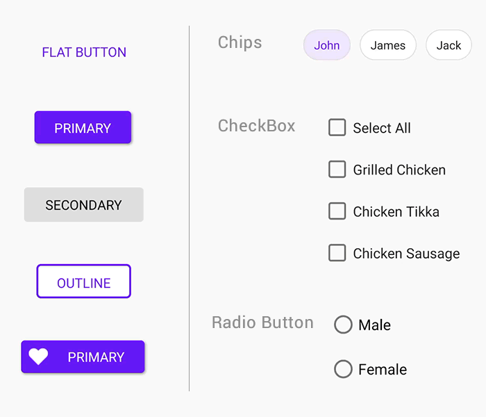 Button, Radio Button, CheckBox, and Chips.