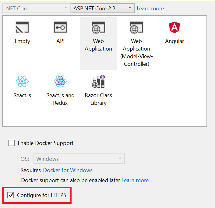 Configuring an ASP.NET Core Web App for HTTPS.