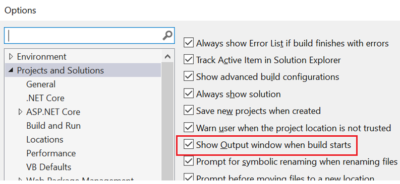 Enabling Automatic Show Output Window Option.