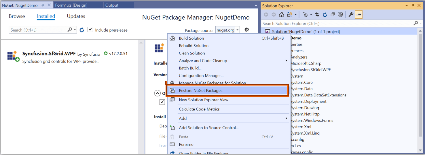 Selecting Restore NuGet Packages.