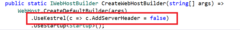 Removing the Server header by adding the line “UseKestrel(c => c.AddServerHeader = false)” in the CreateWebHostBuilder method in the Program.cs class.