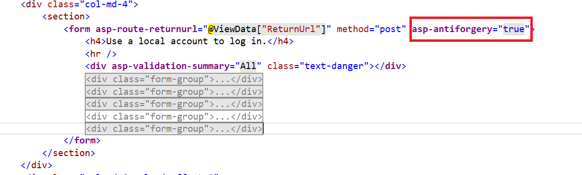 Setting the asp-antiforgery Tag Helper to True.