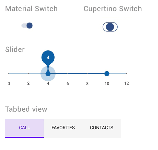 Switch, Range Slider, and Tabbed View.