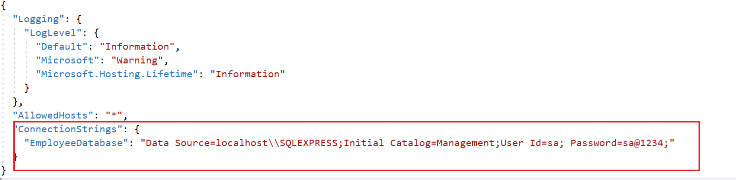 Add the connection string into the appsetting.json file