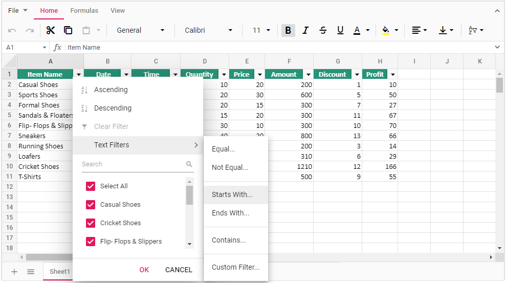 Filtering in Spreadsheet.