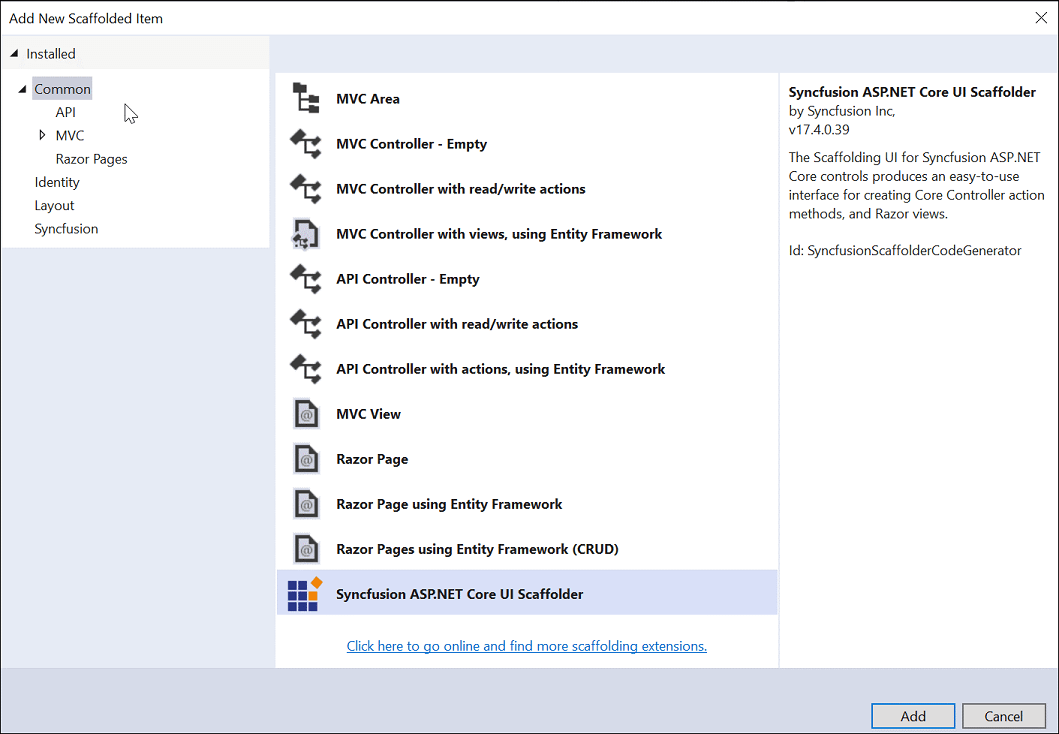 Adding Syncfusion ASP.NET Core UI Scaffolder