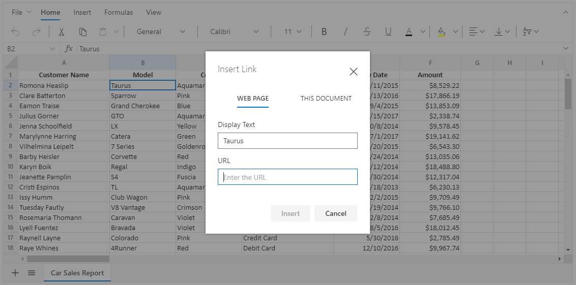 Adding a Hyperlink to a Cell in the Spreadsheet