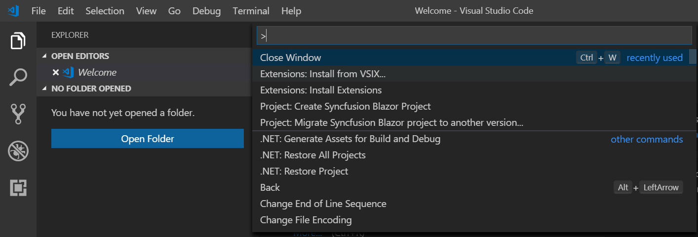 Command Palette in Visual Studio Code - Syncfusion Blazor extension for Visual Studio Code