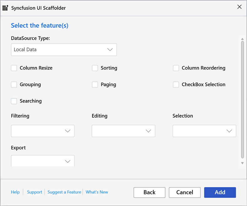 DataGrid feature selection dialog