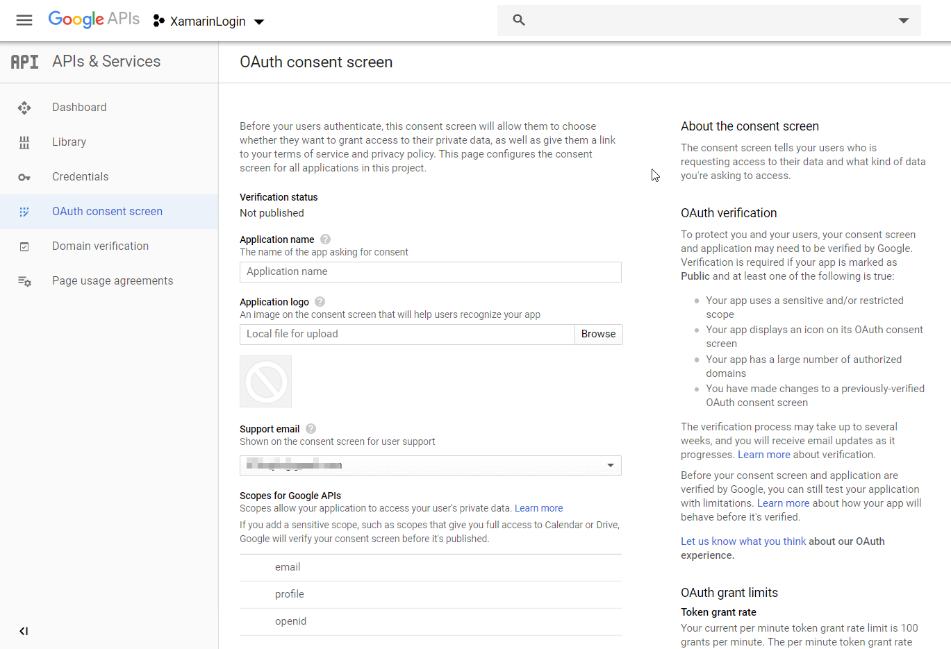 Filling details in OAuth consent screen