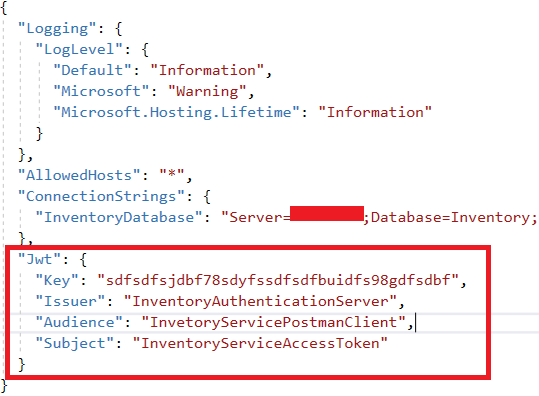 Pasting the JWT configuration into the appsetting.json file