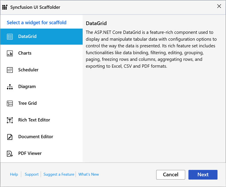 Syncfusion UI Scaffolding control selection dialog