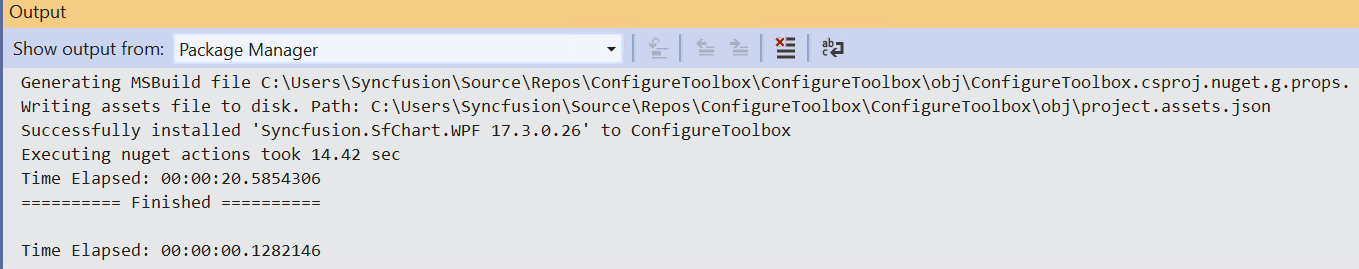 Installation completion message in Output Window