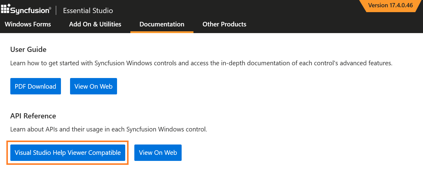 API reference download option in Syncfusion control panel