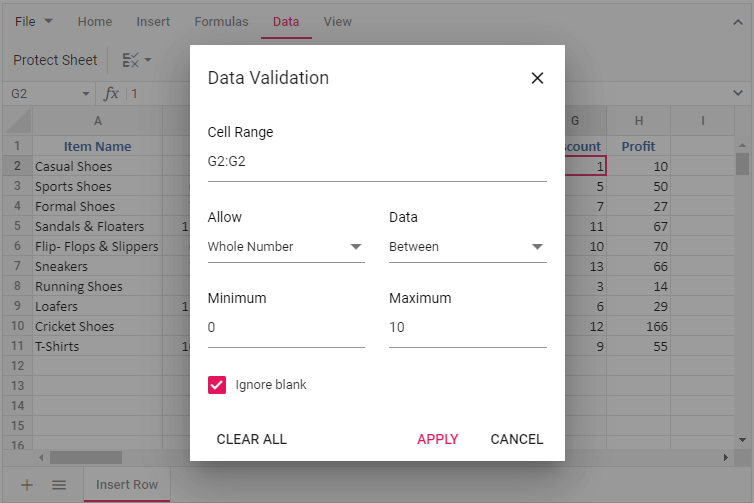 Data Validation in Spreadsheet